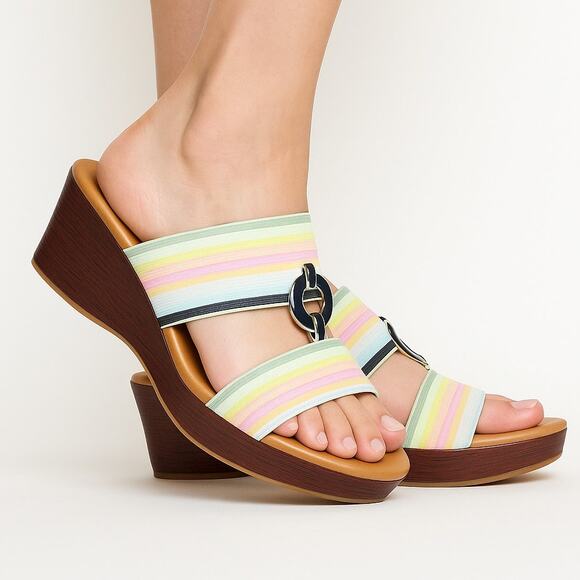 Anne Klein Hayda Striped Ribbon Wedge Sandals Women’s Size 6 - Picture 1 of 12